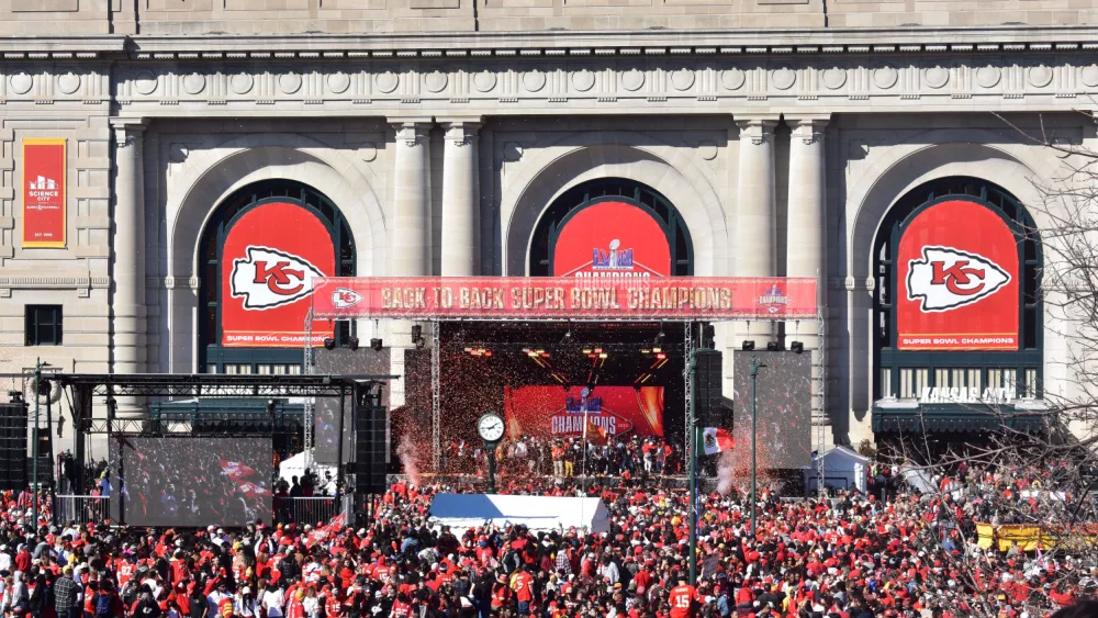 Millions gather to celebrate the 2024 NFL Superbowl Champions, the Kansas City Chiefs, in front of Union Station. Kansas City, Missouri USA 2-14-2024