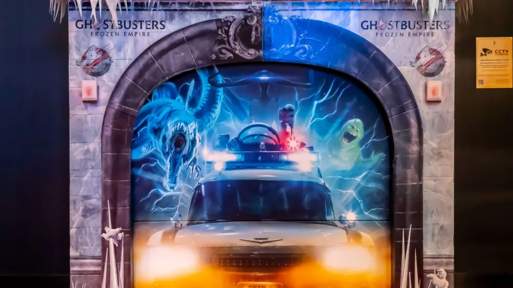 Standee of a movie called Ghostbusters: Frozen Empire display at the cinema to promote the movie; BANGKOK, THAILAND, 1 Feb 2024