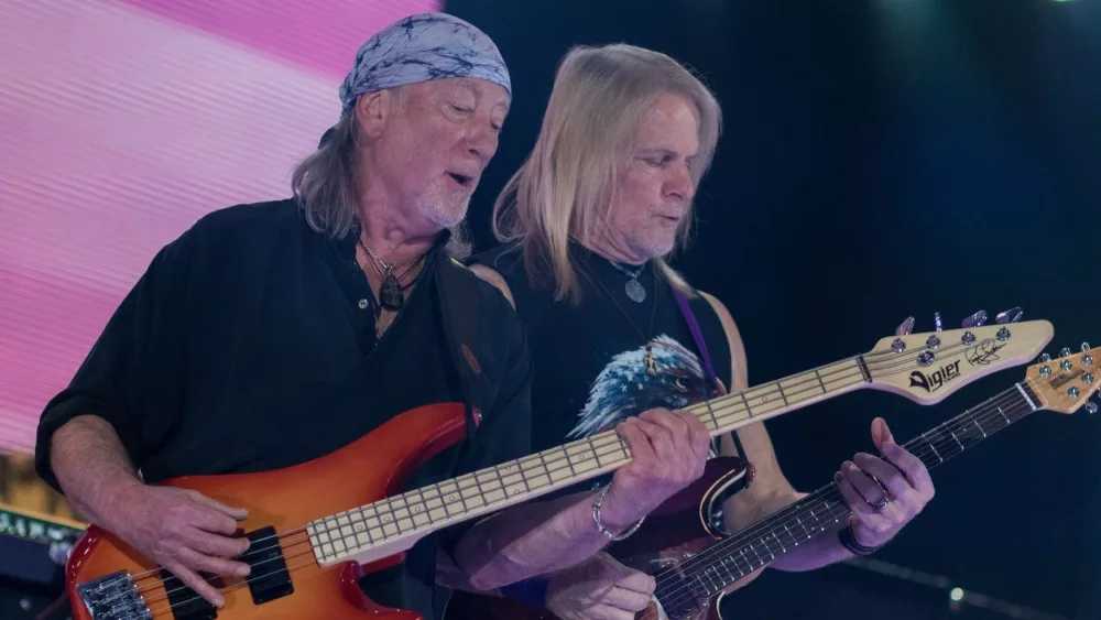 Deep Purple bass guitar player Roger Glover and guitar player Steve Morse on stage during their The Long Goodbye tour at Arena Zagreb, CROATIA - MAY 16, 2017