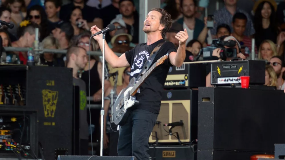 Pearl Jam lead singer Eddie Vedder performs at the 2016 New Orleans Jazz and Heritage Festival. New Orleans, LA - April 22, 2016