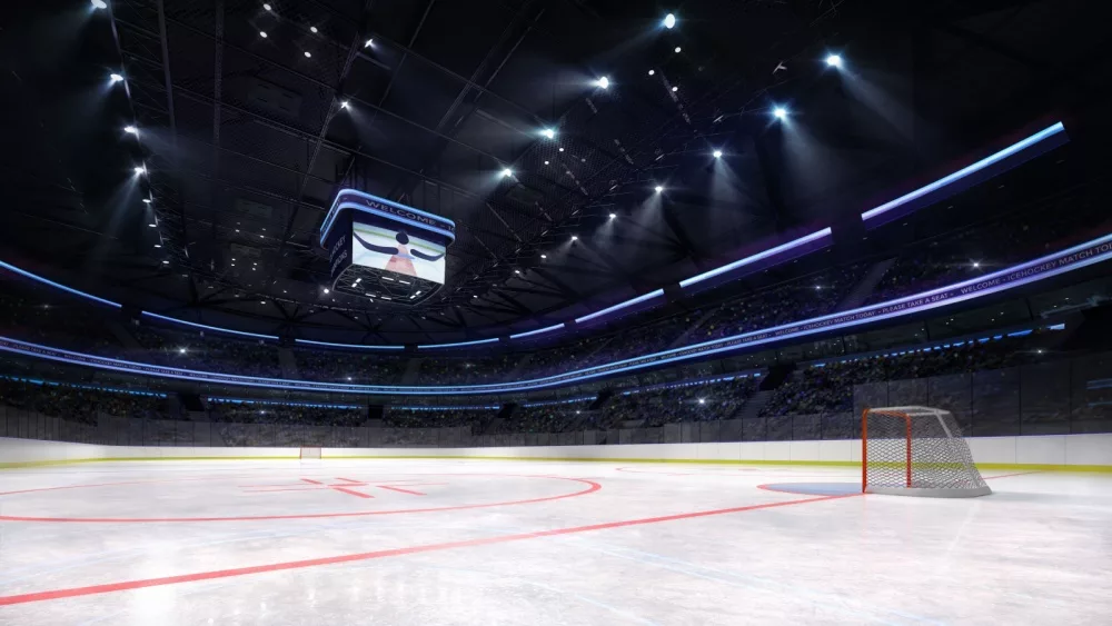 empty ice hockey arena inside view illuminated by spotlights, hockey and skating stadium indoor 3D render illustration background