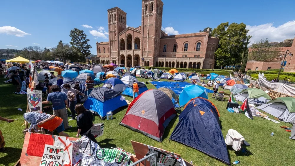 Pro-Palestinian protesters gathered at an encampment at the University of California, Los Angeles (UCLA), on Friday, April 26, 2024, in Los Angeles.