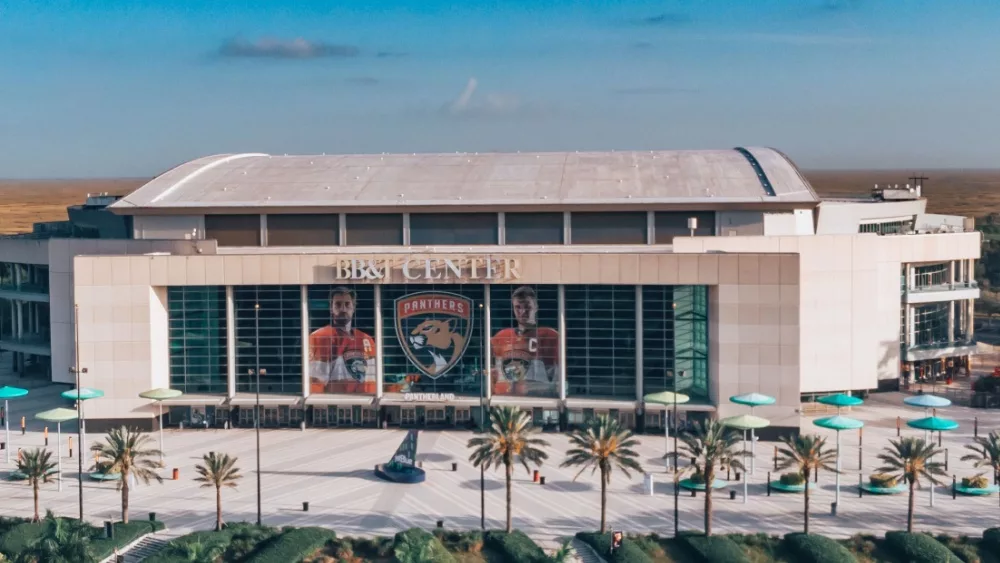 Aerial view on BB&T Center indoor arena and home for the Florida Panthers NHL hockey team. Sunrise, Florida/USA