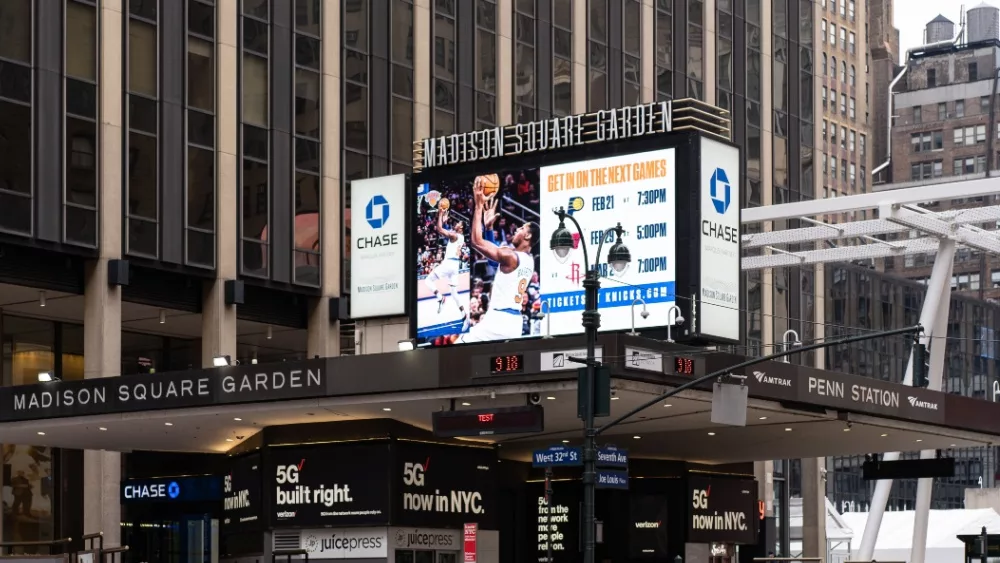 Front of Madison Square Garden, home to NY KNICKS. MSG is a multi-purpose indoor arena in Midtown Manhattan opened on February 11, 1968. It is the oldest sporting facility in NY.