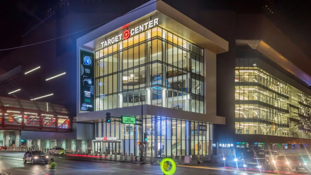 Wide Angle Shot Traffic in front of the Target Center before a Timberwolves Game; MINNEAPOLIS, MN - JANUARY 2019 - A Wide Angle Shot Traffic in front of the Target Center before a Timberwolves Game.