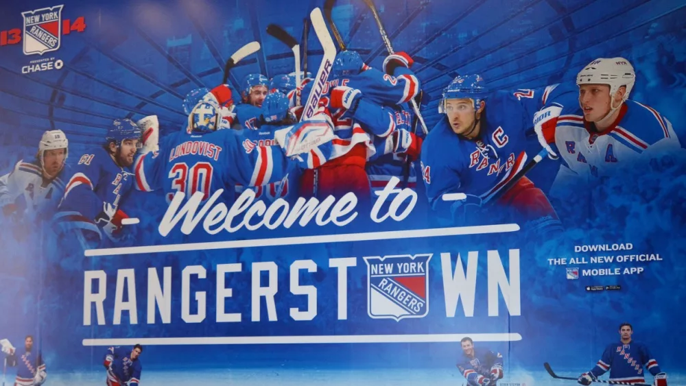 Madison Square Garden indoor arena entrance Rangers sign that sits above Penn Station. It is home to the NY Knicks (NBA), NY Rangers (NHL)