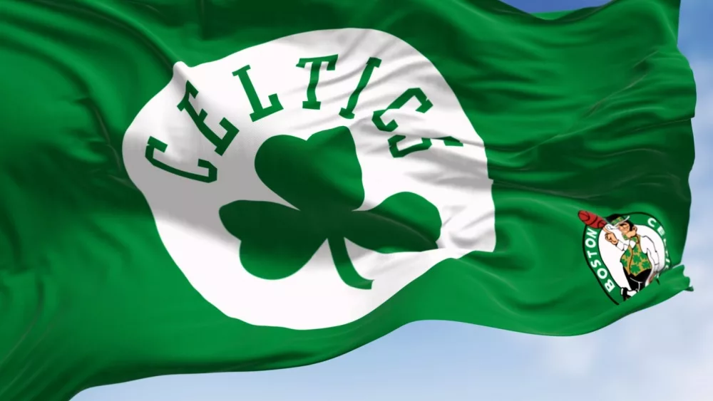 Boston Celtics flag, waving in the wind on a clear day. American professional basketball team, Eastern Conference