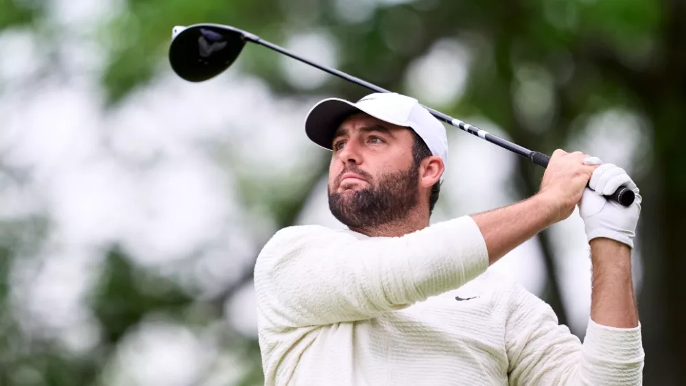 Scottie Scheffler of United States in action during a practice round prior to the 2024 PGA Championship at Valhalla Golf Club on May 13, 2024 in Louisville, Kentucky.