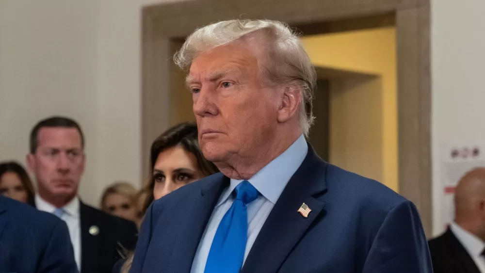 Former President Donald Trump speaks to press before the start of civil fraud trial at NYS court in New York on October 2, 2023