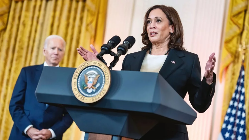 Kamala Harris addressing the media from a presidential podium in the East Room of the White House. Washington D.C., USA - October 24 2022