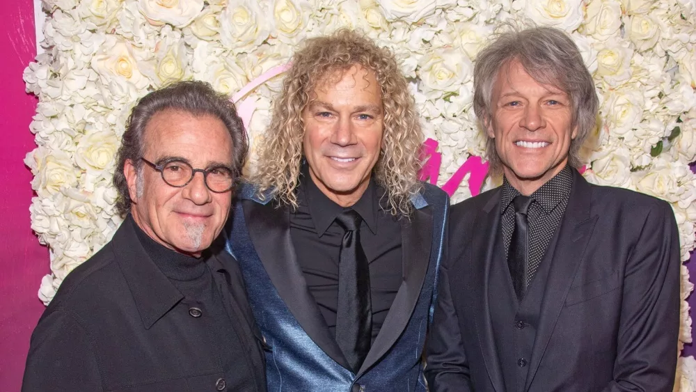 Bon Jovi members Tico Torres, David Bryan, and Jon Bon Jovi attend the opening night of "Diana, The Musical" on Broadway at The Longacre Theatre. NEW YORK, NEW YORK - NOVEMBER 17, 2021