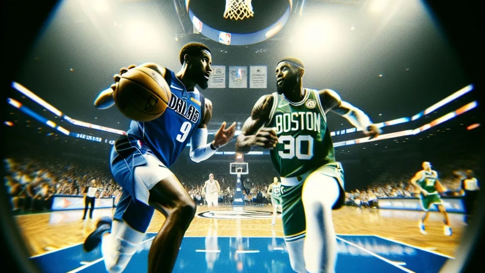 Epic royalist photo, dallas mavericks player, competing for a basketball ball against a boston celtics player, on a basket court, while running to the ring to lest