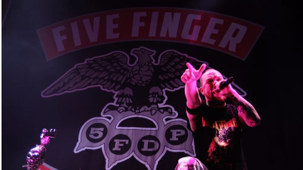 Five Finger Death Punch (5FDP), heavy metal band, performs at Pavello Olimpic de Badalona stage on November 25, 2013 in Barcelona, Spain.