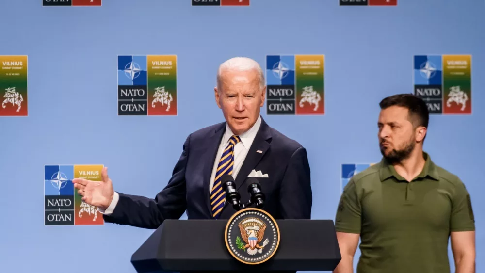 President Biden and Ukrainian President Volodymyr Zelenskyy with G7 leaders event to announce a Joint Declaration of Support to Ukraine during NATO SUMMIT 2023. VILNIUS, LITHUANIA. 12th July 2023