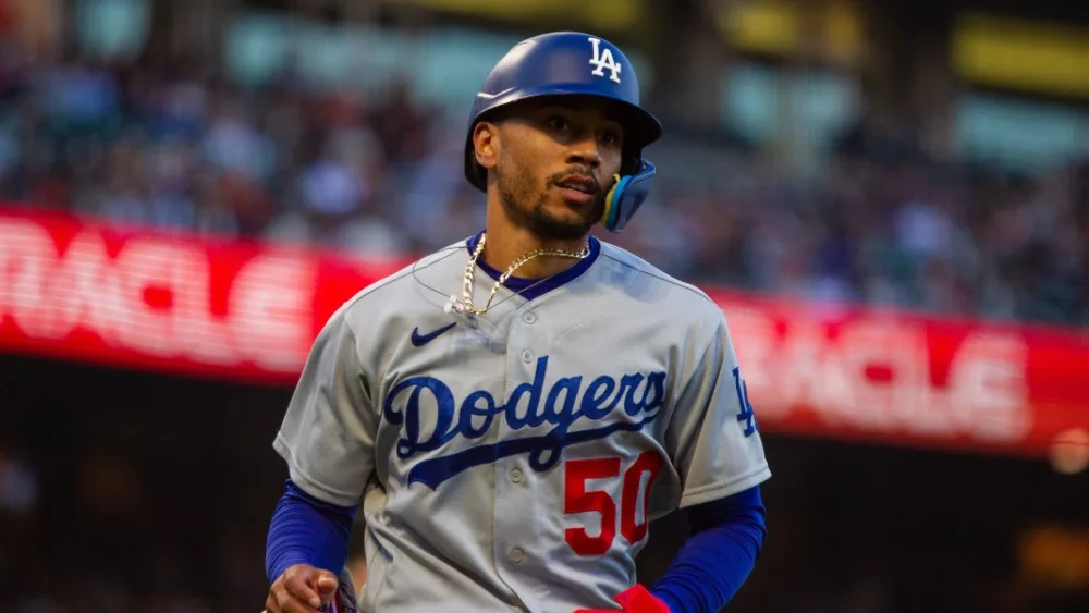 Los Angeles Dodgers' Mookie Betts scores a run against the San Francisco Giants at Oracle Park. August 1, 2022