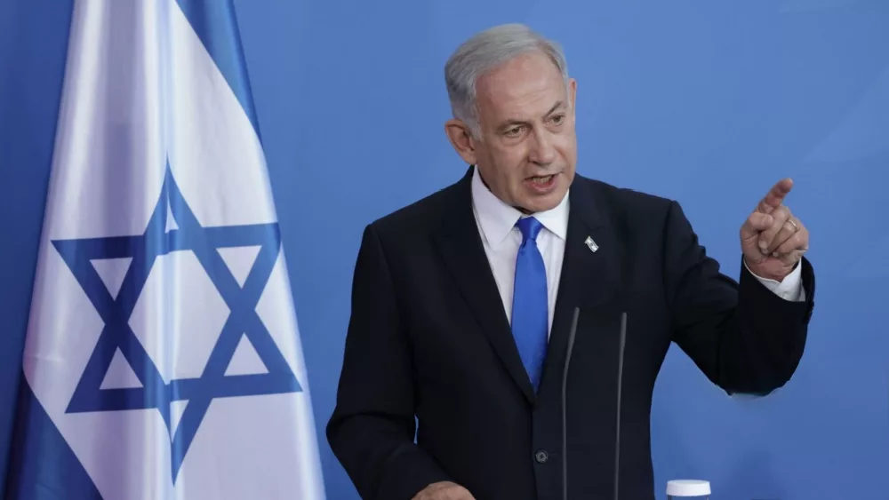 Israeli Prime Minister Benjamin Netanyahu speaks to the media following talks at the Chancellery on March 16, 2023 in Berlin, Germany.