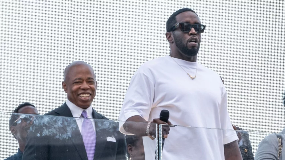 Sean "Diddy" Combs speaks and performs to the crowd after being presented with the key to the city by Mayor Eric Adams on Times Square in New York on September 15, 2023