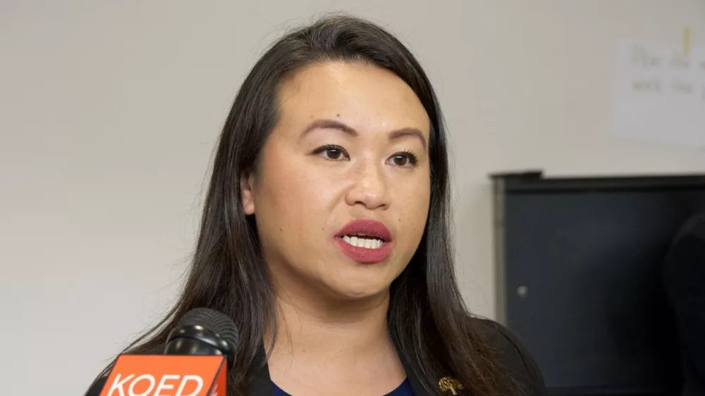 Oakland CA Mayor Sheng Thao speaking at the Talking Transitions Community Event at Castlemont High School. Oakland, CA - Sept 23, 2023.