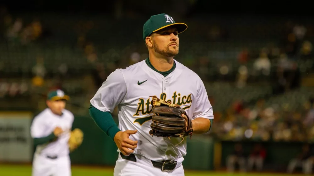 Oakland Athletics third baseman J.D. Davis during a game against the Cleveland Guardians on Opening Day at the Oakland Coliseum. Oakland, California - March 28, 2024