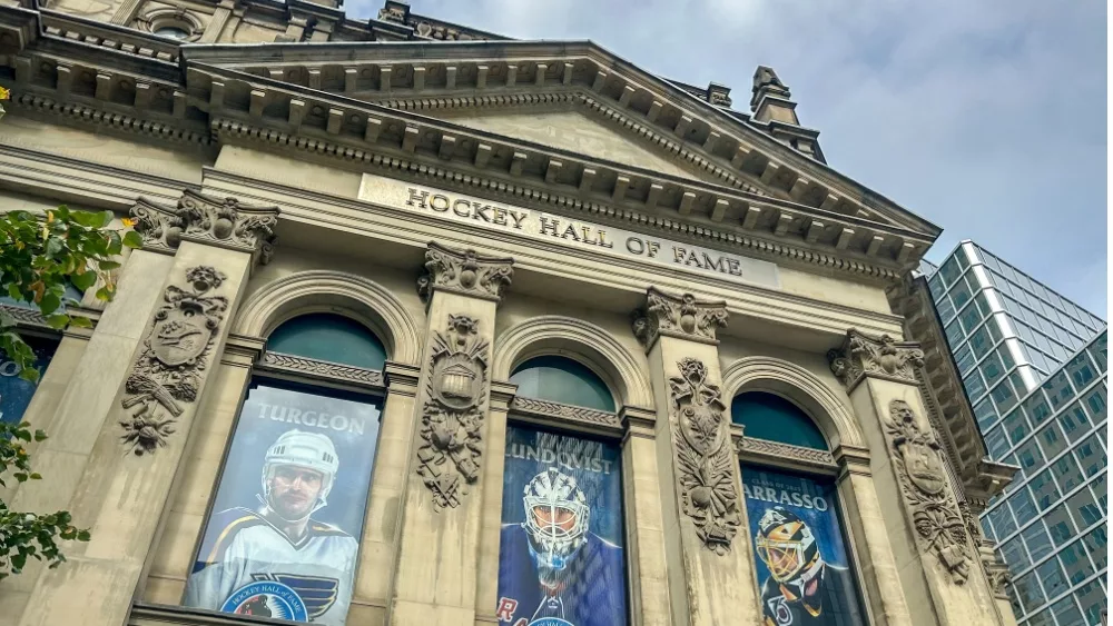 Exterior signage at the Hockey Hall of Fame in downtown Toronto. Toronto, Ontario - October 7, 2023