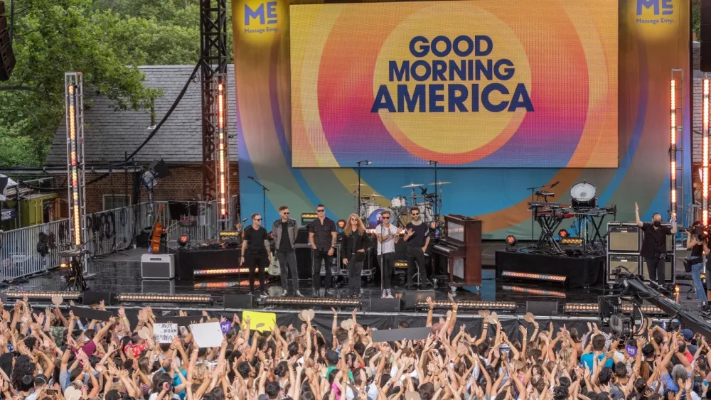 New York, NY - July 15, 2022: Members of pop rock band One Republic pose on stage after ABC Good Morning America summer concert at Central Park