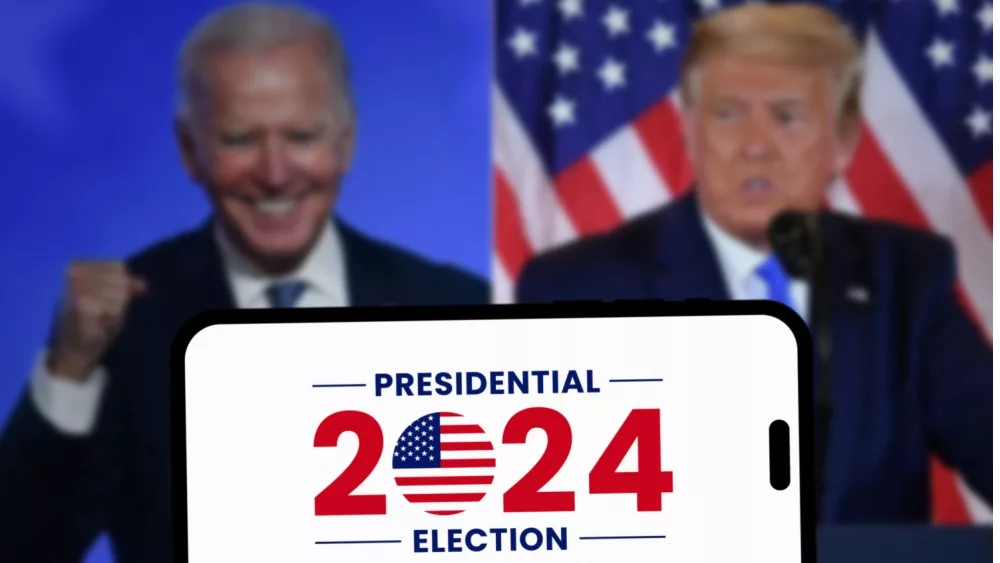 Donald Trump vs Joe Biden. The 2024 American presidential election concept, with Donald Trump and Joe Biden in the background.