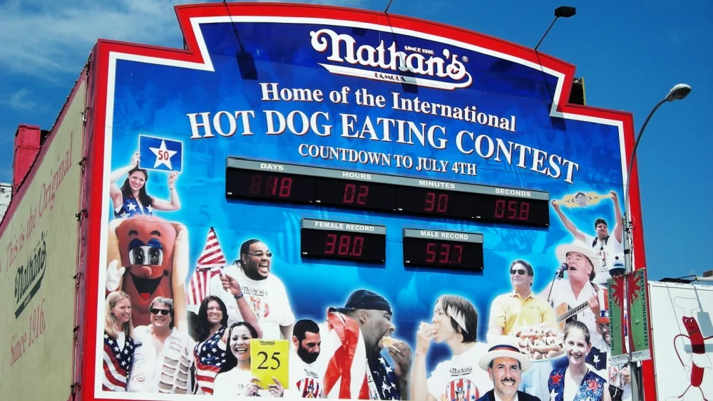 Nathan's hot dog eating contest countdown clock at Coney Island, New York. The original Nathan's still exists on the same site that it did in 1916. BROOKLYN, NEW YORK