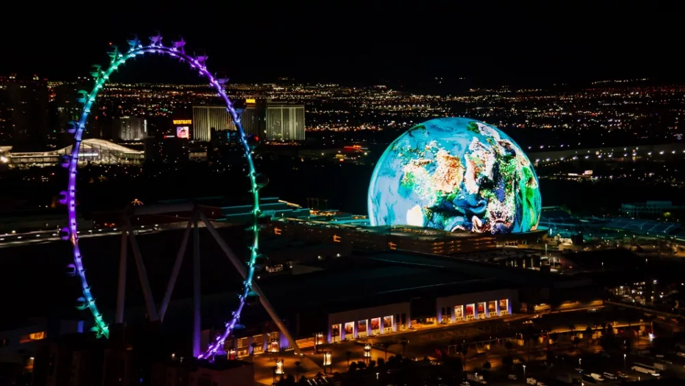 MSG Sphere and High Roller illuminated at night Las Vegas, Nevada, USA - November 7th, 2023