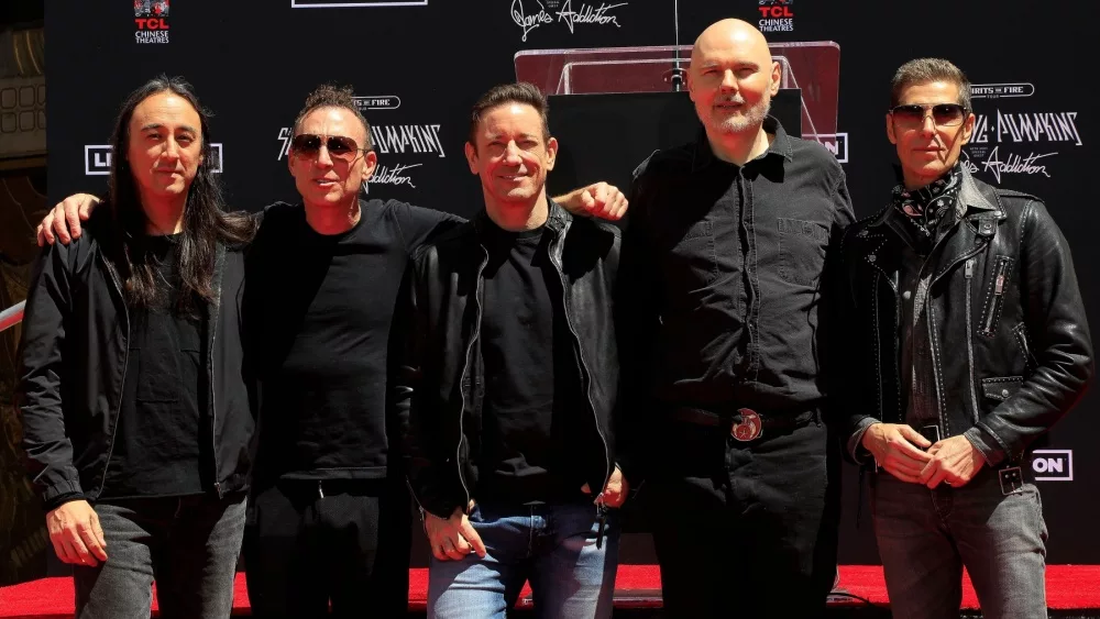 Jeff Schroeder, Stephen Perkins, Jimmy Chamberlin, Billy Corgan, Perry Farrell at Smashing Pumpkins hand prints at the TCL Chinese Theatre IMAX on May 11, 2022 in LA, CA. LOS ANGELES - MAY 11