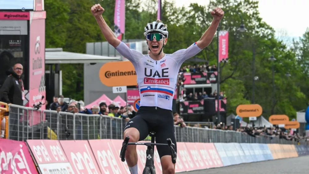 Slovenian cyclist Tadej Pogacar winning the second stage of the three-week 2024 Giro d'Italia professional cycling race. Santuario di Oropa, Biella, Italy - May 5, 2024