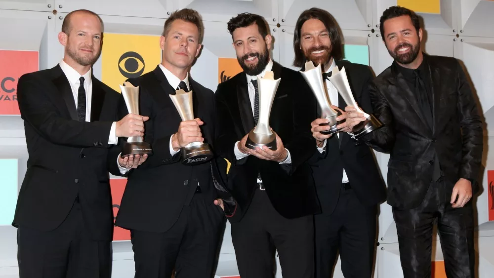 Whit Sellers, Trevor Rosen, Matthew Ramsey, Brad Tursi, Geoff Sprung, Old Dominion at the 51st ACM Awards at the MGM Grand Garden Arena on April 3, 2016 in Las Vegas, NV