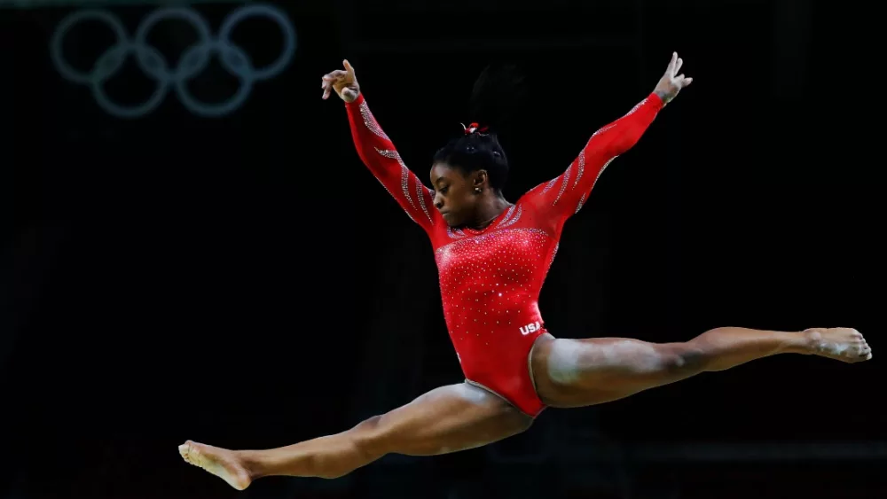 RIO DE JANEIRO, BRAZIL 08042016: Simone Biles at the Rio 2016 Summer Olympic Games artistic gymnastics. Athlete of team USA performs a training session prior to the medal competition