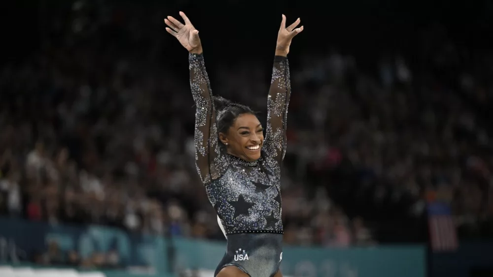 Paris-France, July 28, 2024, Paris 2024 Olympic Games, US Olympic gymnast Simone Biles performs with the US gymnastics team at the Paris Olympics