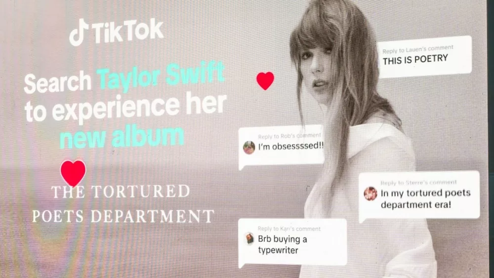 Advertising for the Chinese video platform TikTok promoting Taylor SwiftÕs The Tortured Poets Department album in Midtown Manhattan in New York. New York NY USA-April 28, 2024