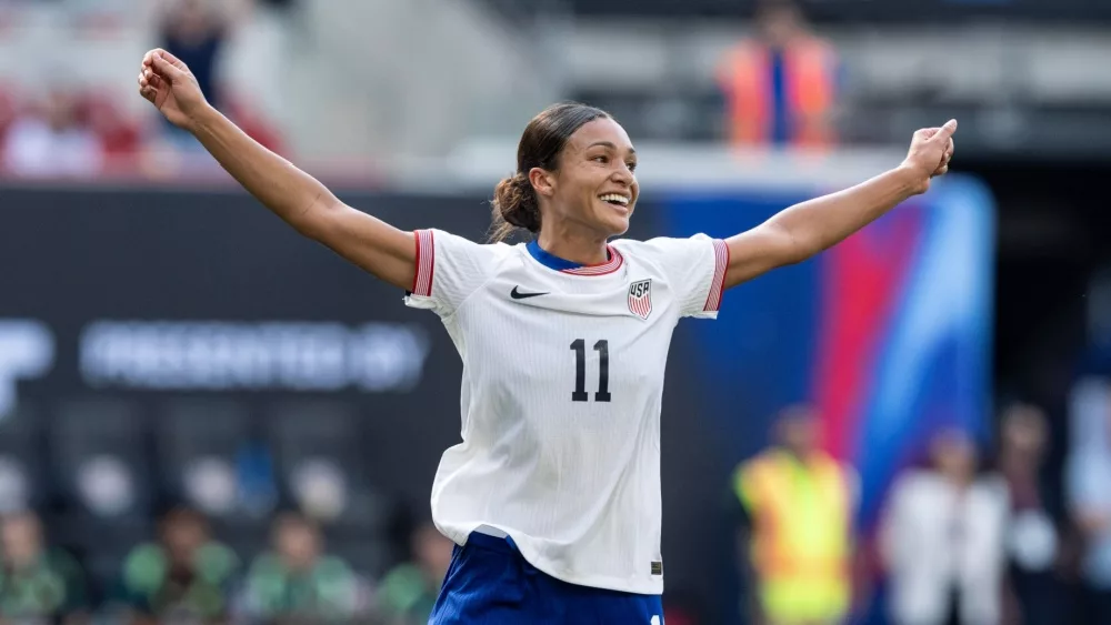 Sophia Smith (11) of USWNT celebrates scoring goal during pre-Olympic friendly match against Mexico at Red Bull Arena in Harrison, NJ on July 13, 2024. USWNT won 1 - 0