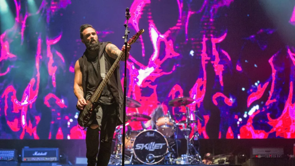 Christian metal rock band Skillet and John Cooper, lead vocalist and bass guitarist performs live at the Atlas Weekend Festival in National Expocenter. KIEV, UKRAINE - JULY 04, 2018