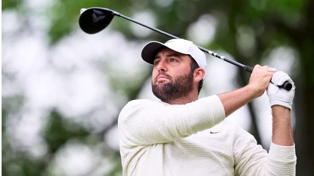 Scottie Scheffler of United States in action during a practice round prior to the 2024 PGA Championship at Valhalla Golf Club on May 13, 2024 in Louisville, Kentucky.