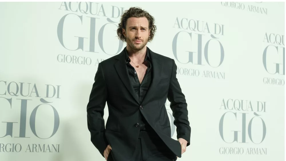 Aaron Taylor Johnson attends the Madrid photocall for "ACQUA DI GIO" By Giorgio Armani at Matadero Madrid on March 07, 2024 in Madrid, Spain.