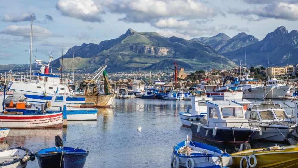 Boats in Porticello area of Santa Flavia city over Tyrrhenian Sea near Palermo on Sicily Island. Santa Flavia, Italy.