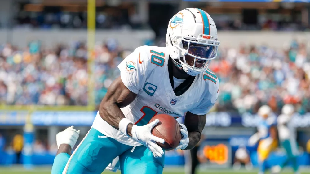 Miami Dolphins wide receiver Tyreek Hill (10) in actions during an NFL football game against the Los Angeles Chargers, Sept. 10, 2023, in Inglewood, Calif.