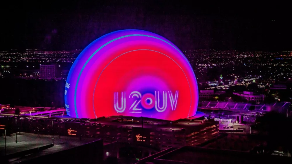 The MSG Sphere showing U2:UV advert for U2 concert. Las Vegas, Nevada, USA - November 7, 2023