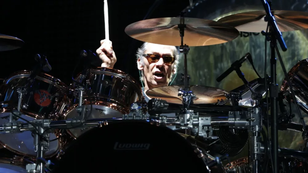 Alex Van Halen of Van Halen performs onstage at Jones Beach Theater on August 14, 2015 in Wantagh, New York.