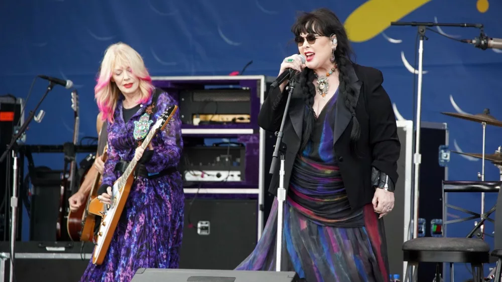 Heart's Ann and Nancy Wilson perform onstage at the 2024 New Orleans Jazz Heritage Festival at Fair Grounds Race Course on April 28, 2024 in New Orleans Louisiana.