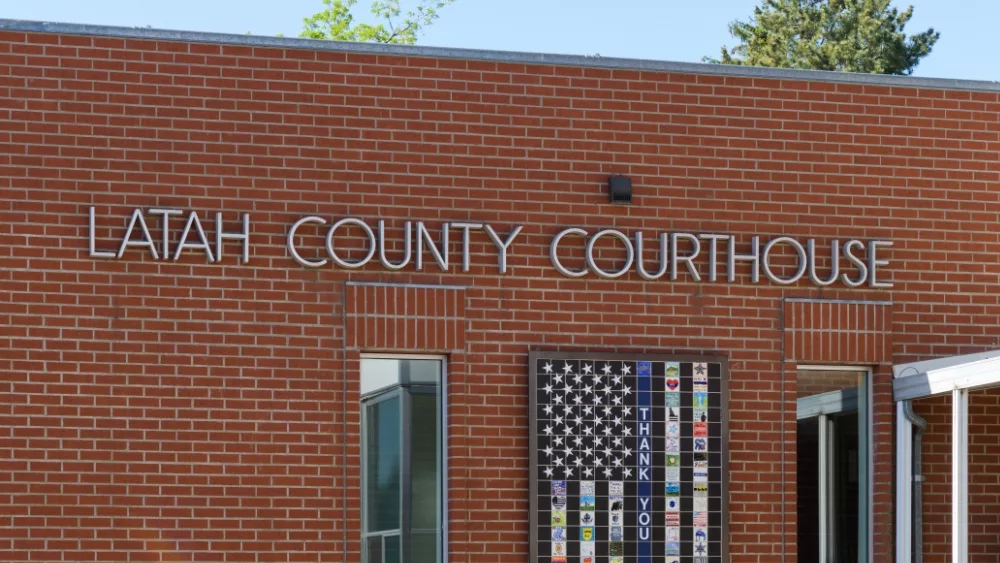 Moscow, ID, USA - May 23, 2023; Text sign for Latah County Courthouse in Moscow Idaho on brick wall