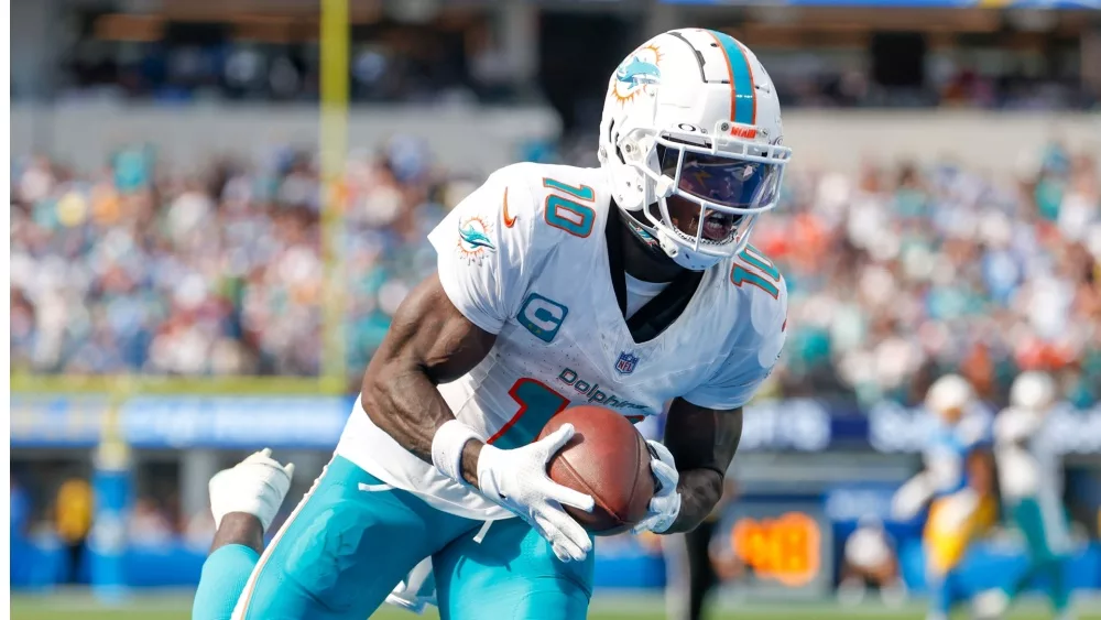 Miami Dolphins wide receiver Tyreek Hill (10) in actions during an NFL football game against the Los Angeles Chargers, Sept. 10, 2023, in Inglewood, Calif.