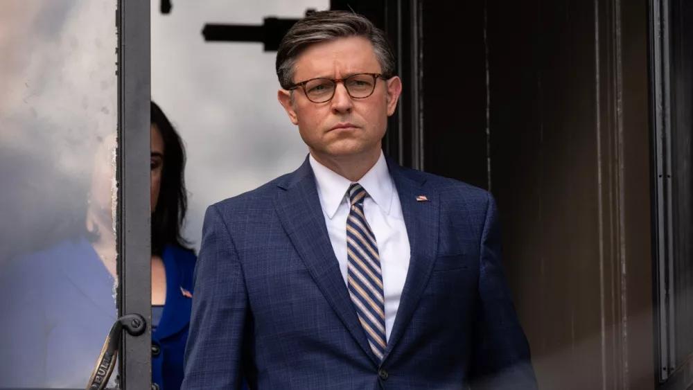 U.S. House Speaker Mike Johnson arrives for press briefing at Columbia University in New York on April 24, 2024.