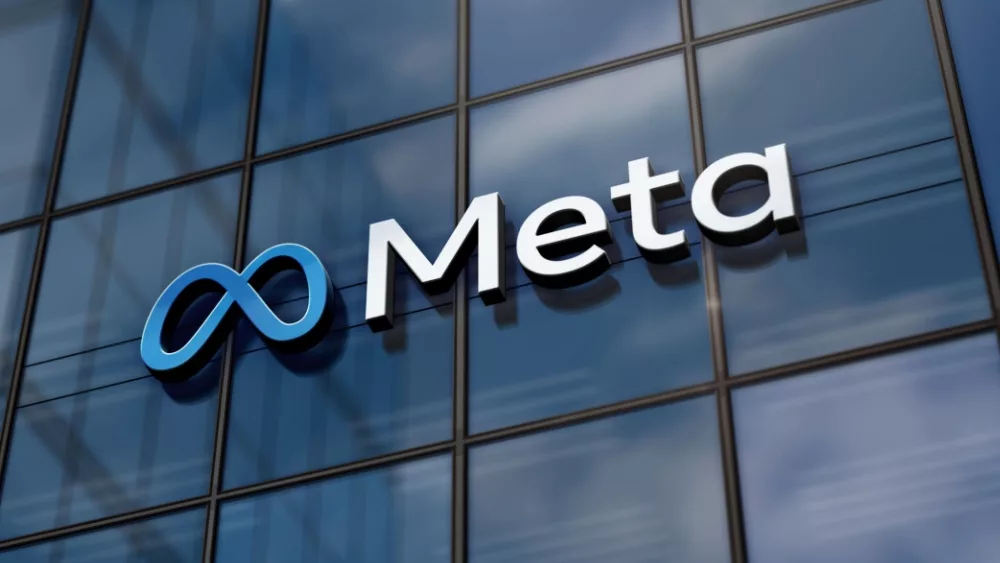 Meta corporation headquarters glass building concept. Metaverse facebook virtual reality network company symbol on front facade 3d illustration. Menlo Park, USA, May 5, 2023