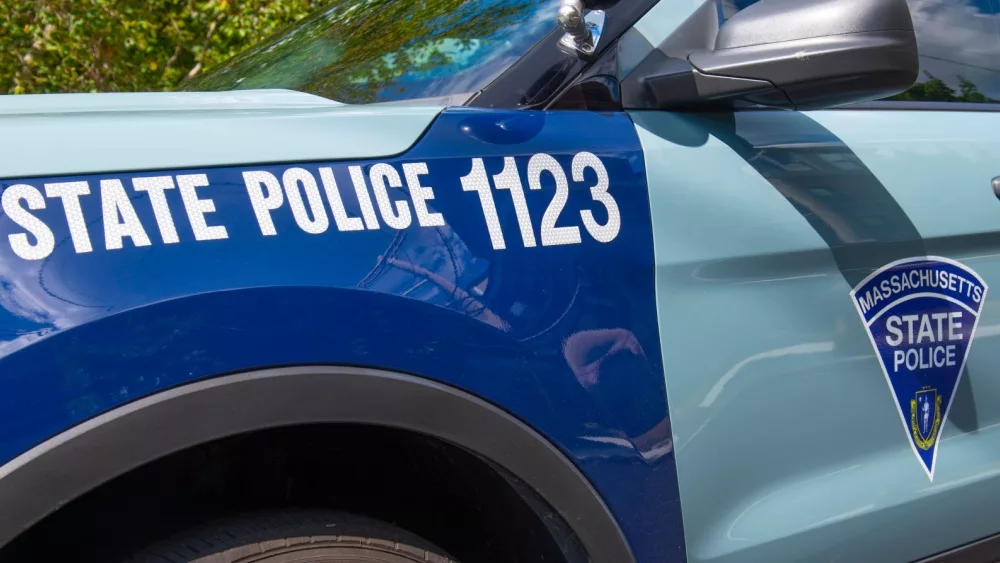 Massachusetts State Police trooper car in Quincy city center, Massachusetts MA, USA.QUINCY, MA, USA - AUG. 18, 2020