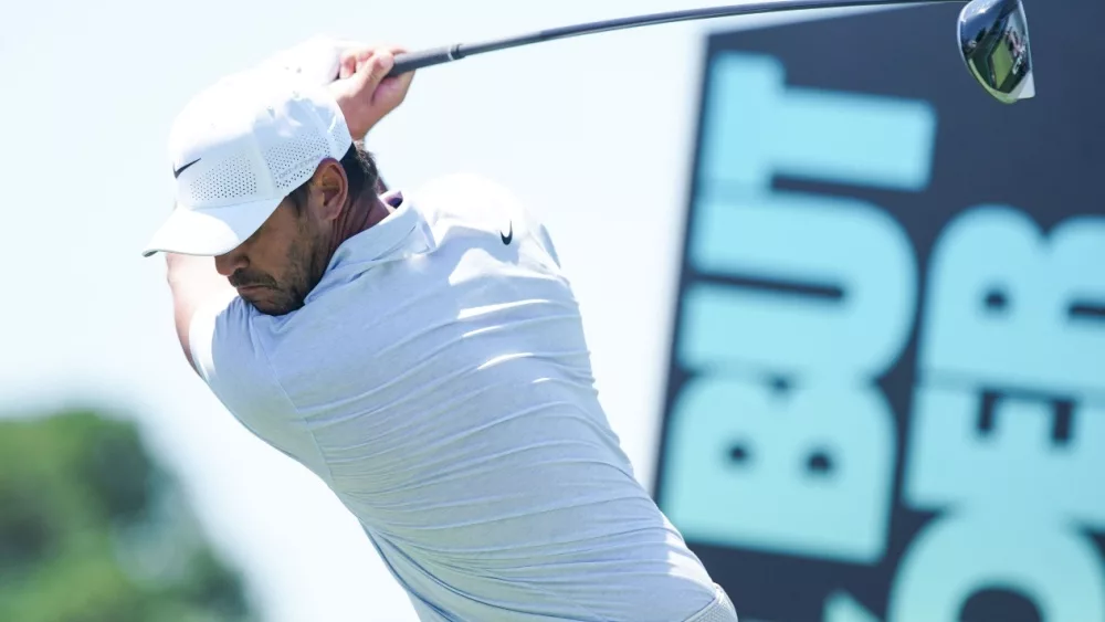 Jon Rahm waits on the 3rd tee during the second round of LIV Golf Miami on April 6, 2024 at Trump National Doral.