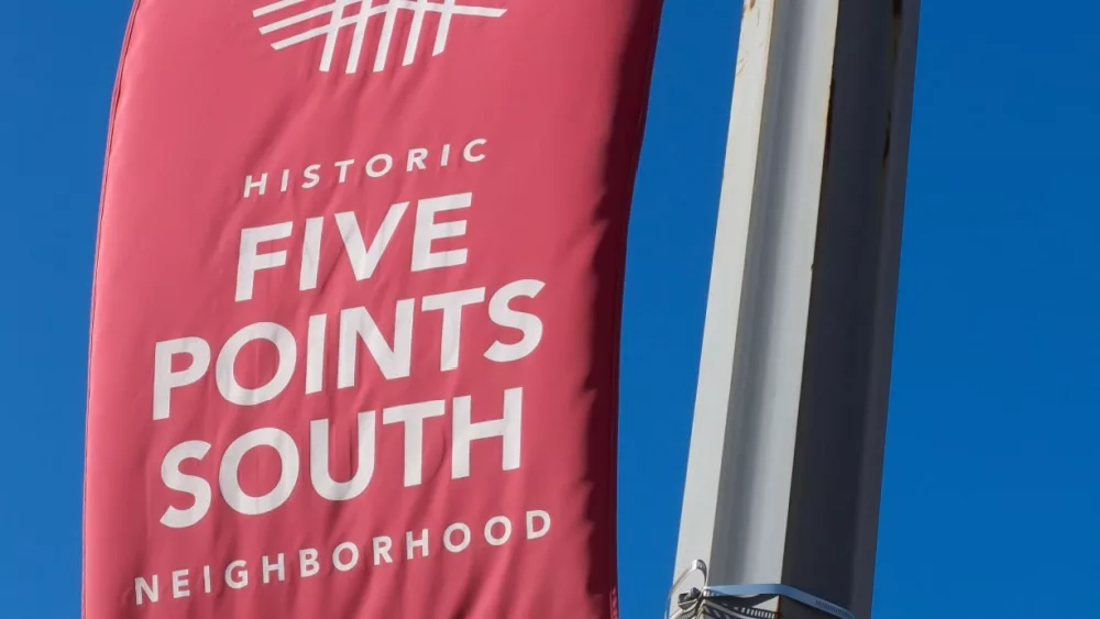 Flag in the southside of the city showing the location for Five Points South. Birmingham, AL / USA - May 9, 2017